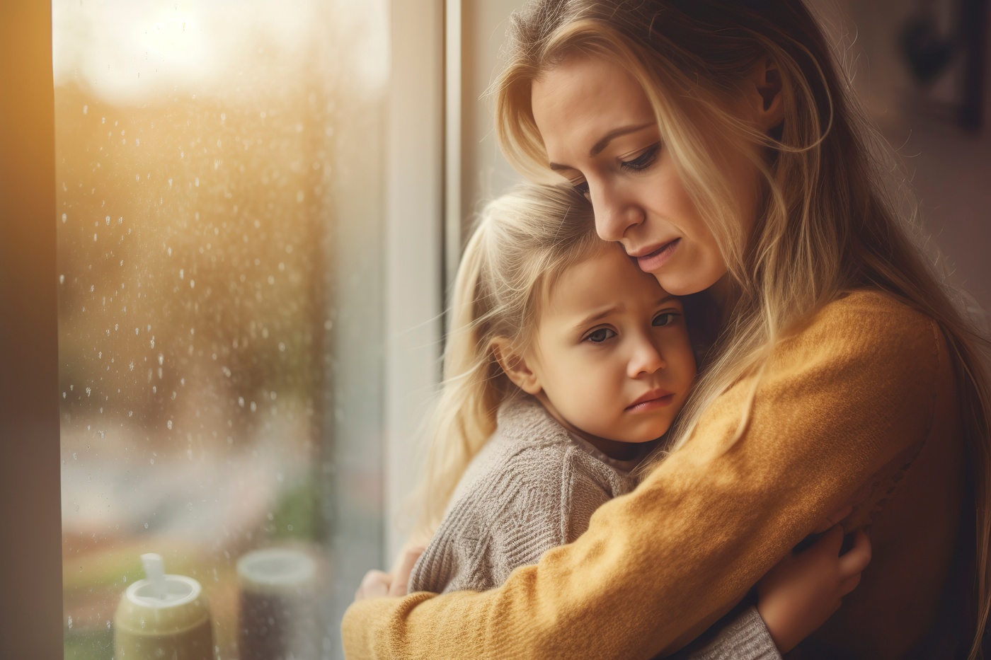 A mother comforts her grieving little daughter.